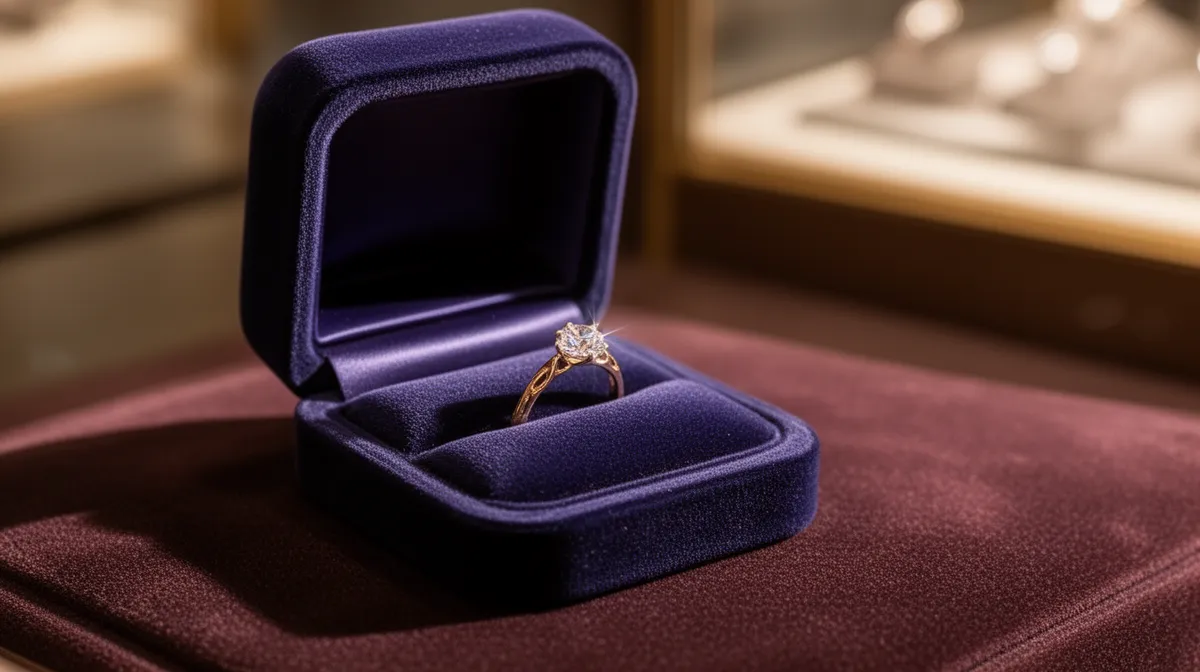 Bague de fiançailles en or avec un diamant dans un écrin bleu foncé.