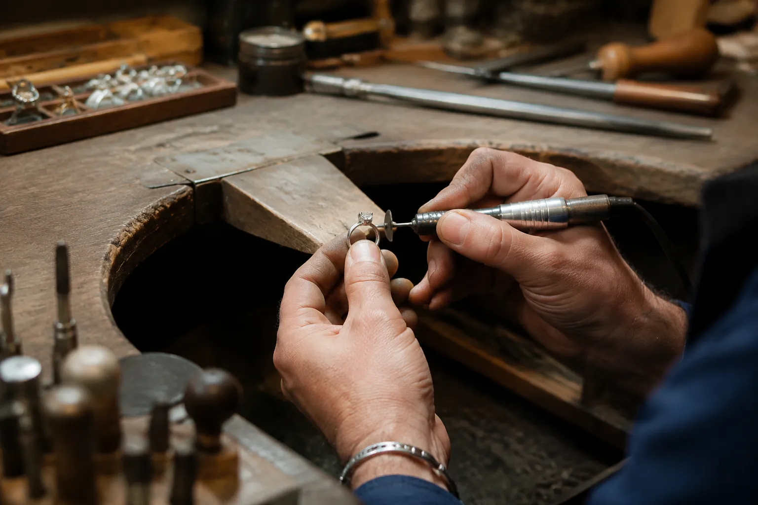 Mains d'un artisan travaillant sur un bijou avec des outils.