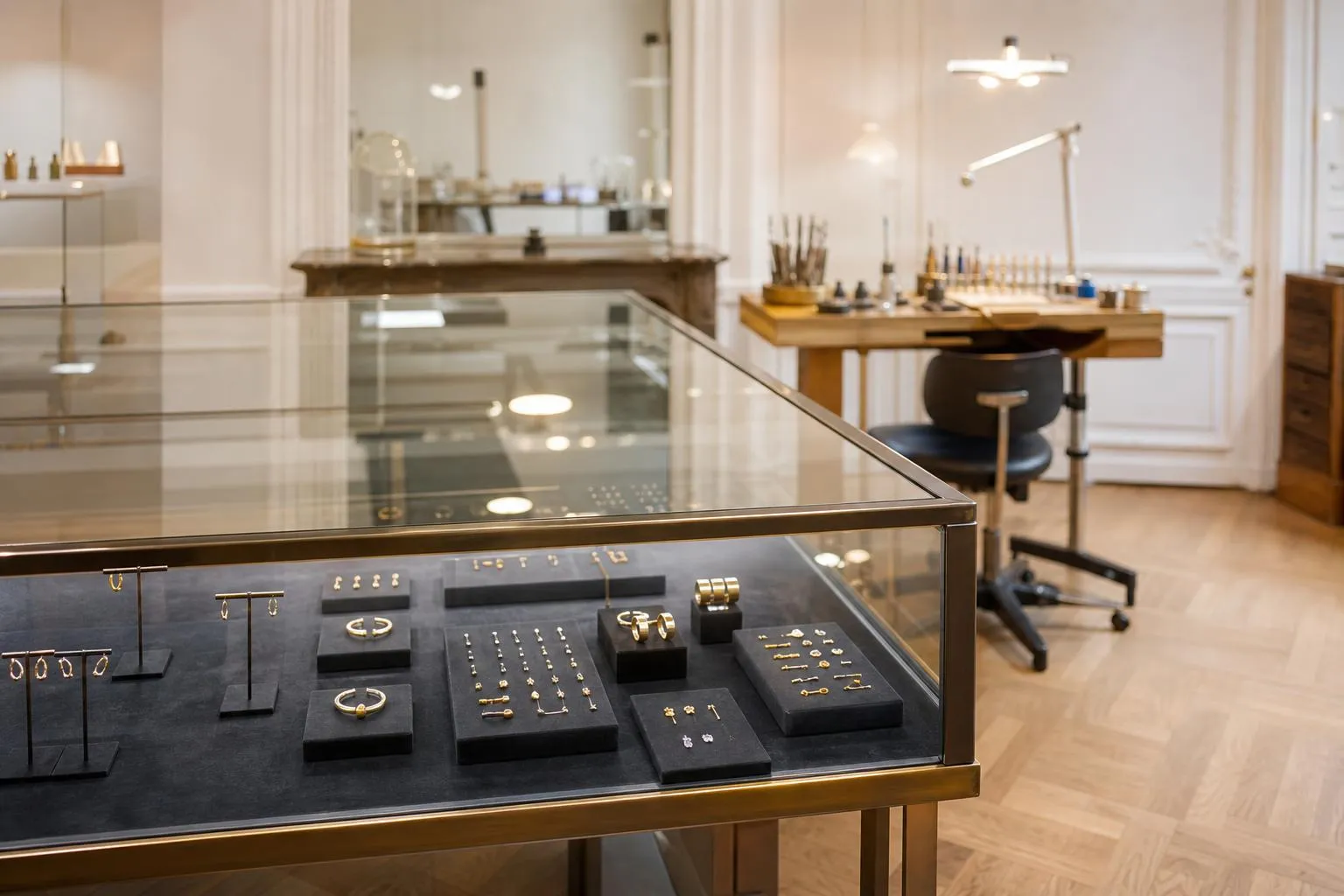 Bijouterie élégante avec présentoir de bijoux de luxe.