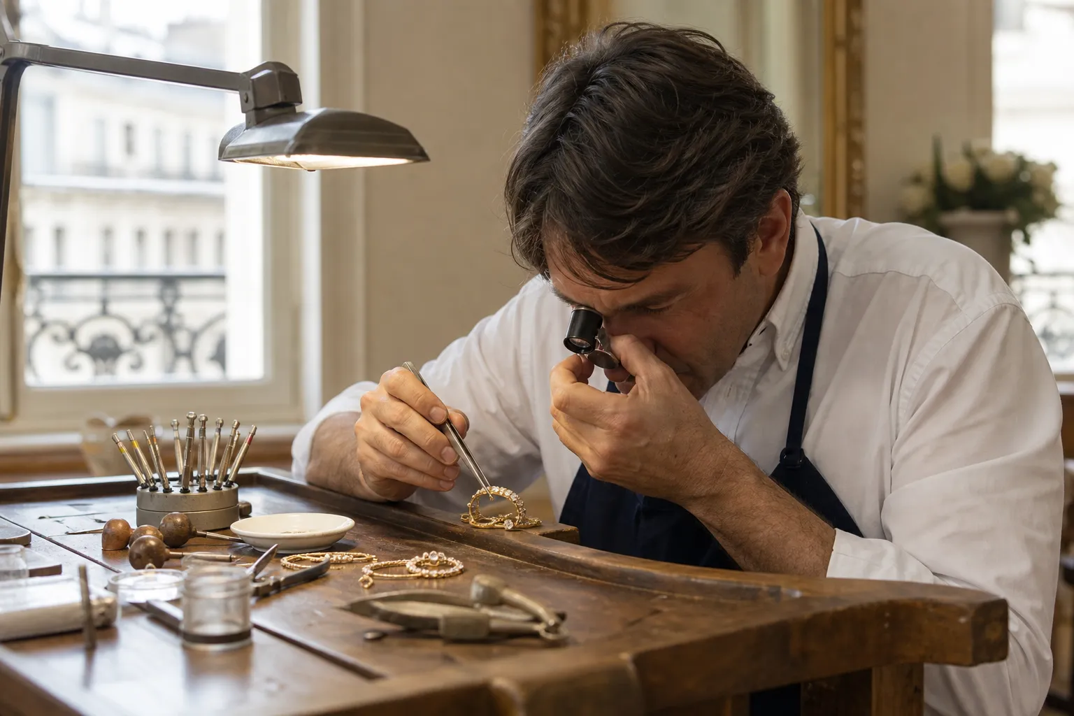 Artisan bijoutier travaillant minutieusement sur un bijou dans son atelier.
