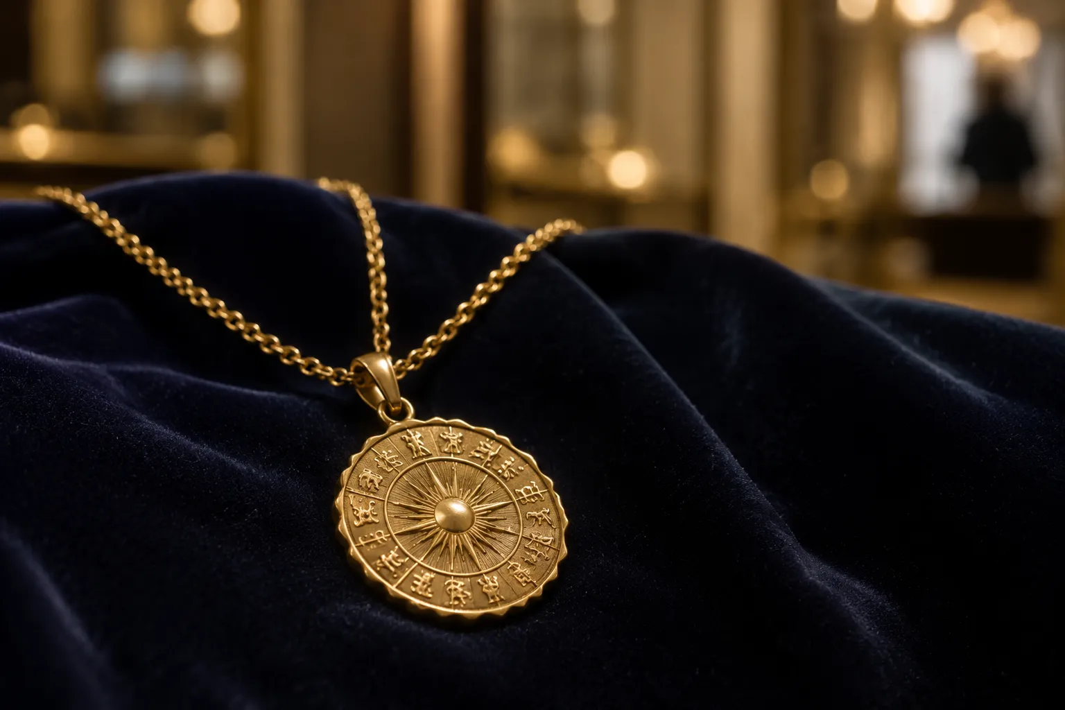 Pendentif doré en forme de médaillon avec motifs astrologiques sur fond de velours bleu.
