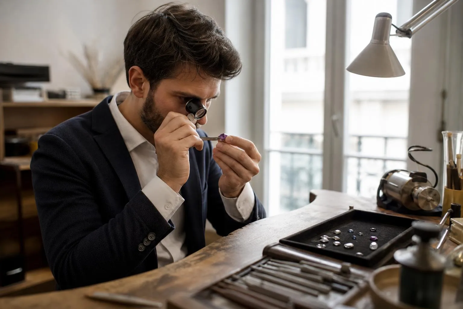 Homme d'affaires examinant attentivement des bijoux dans son bureau.