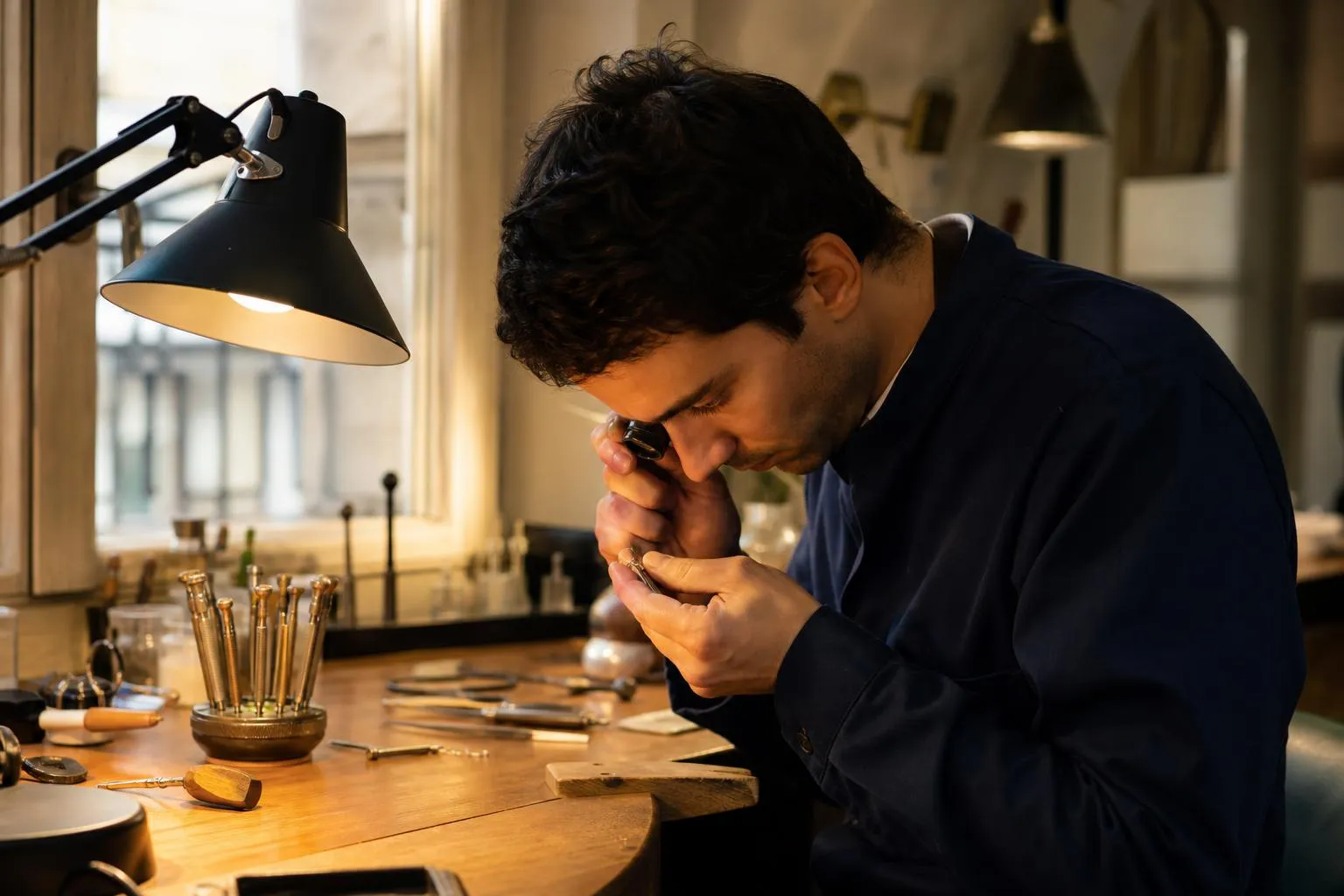 Homme concentré travaillant sur un établi dans un atelier.