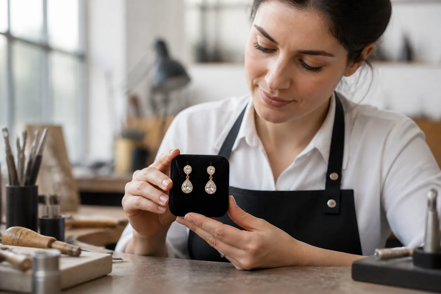 Femme en tablier tenant des boucles d'oreilles en écrin.