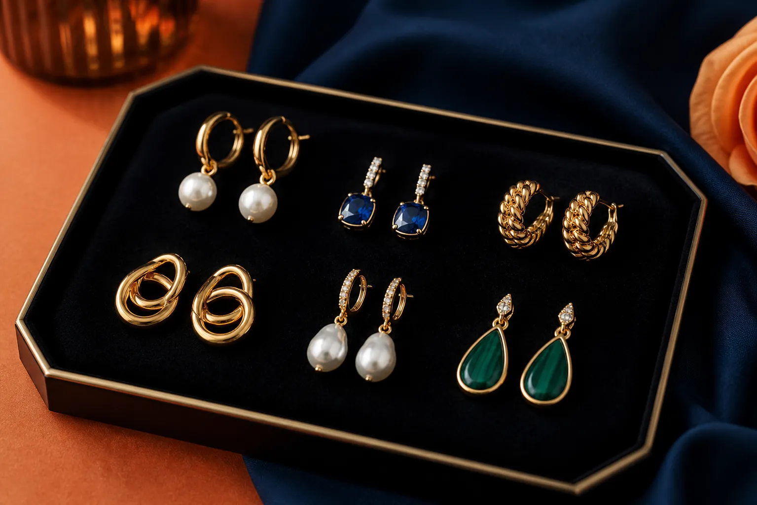 Bijoux dorés, perles, pierres précieuses sur un plateau noir.