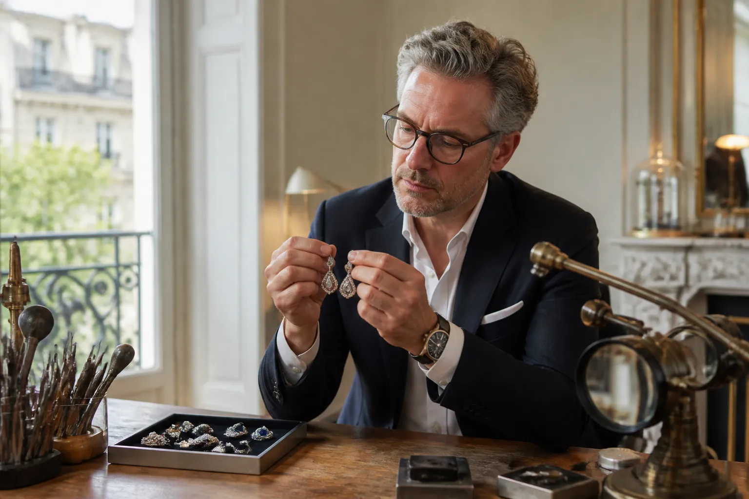 Homme d'affaires examinant attentivement des bijoux de luxe sur son bureau.