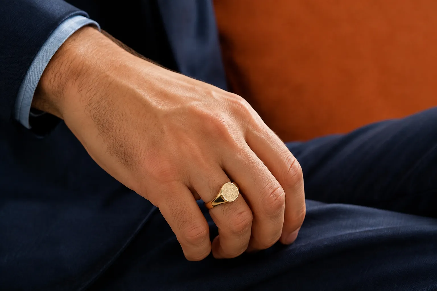 Main masculine portant une bague en or.