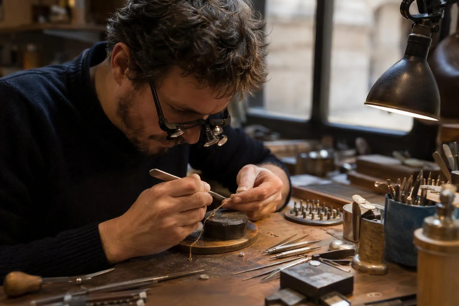 Artisan bijoutier travaillant minutieusement sur un projet de joaillerie.