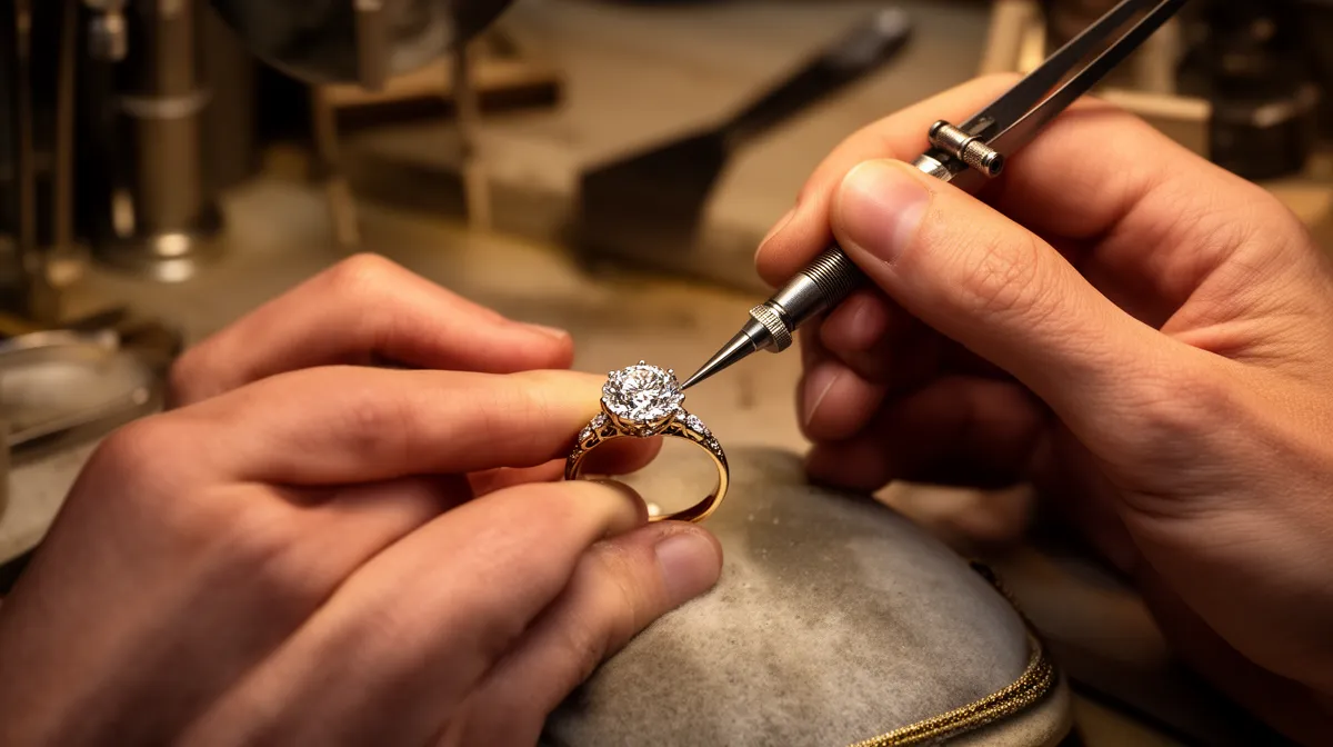 Mains de joaillier réparant une bague de fiançailles en or avec un diamant.