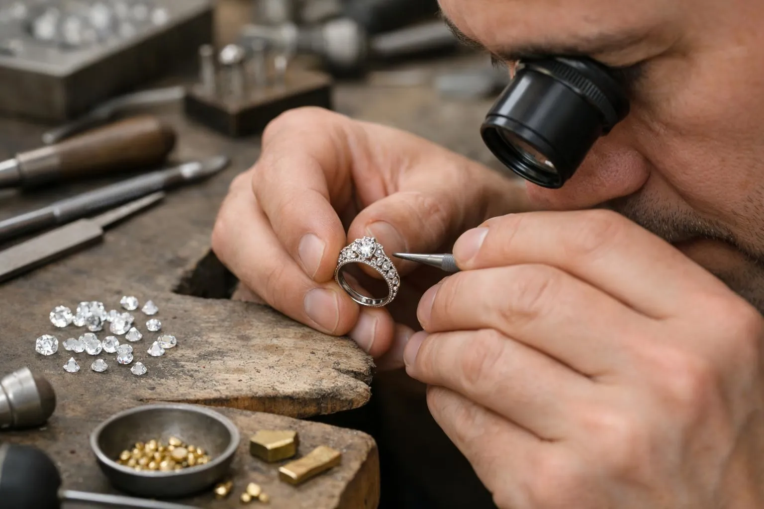 Fabrication artisanale d'un anneau de fiançailles en diamants.
