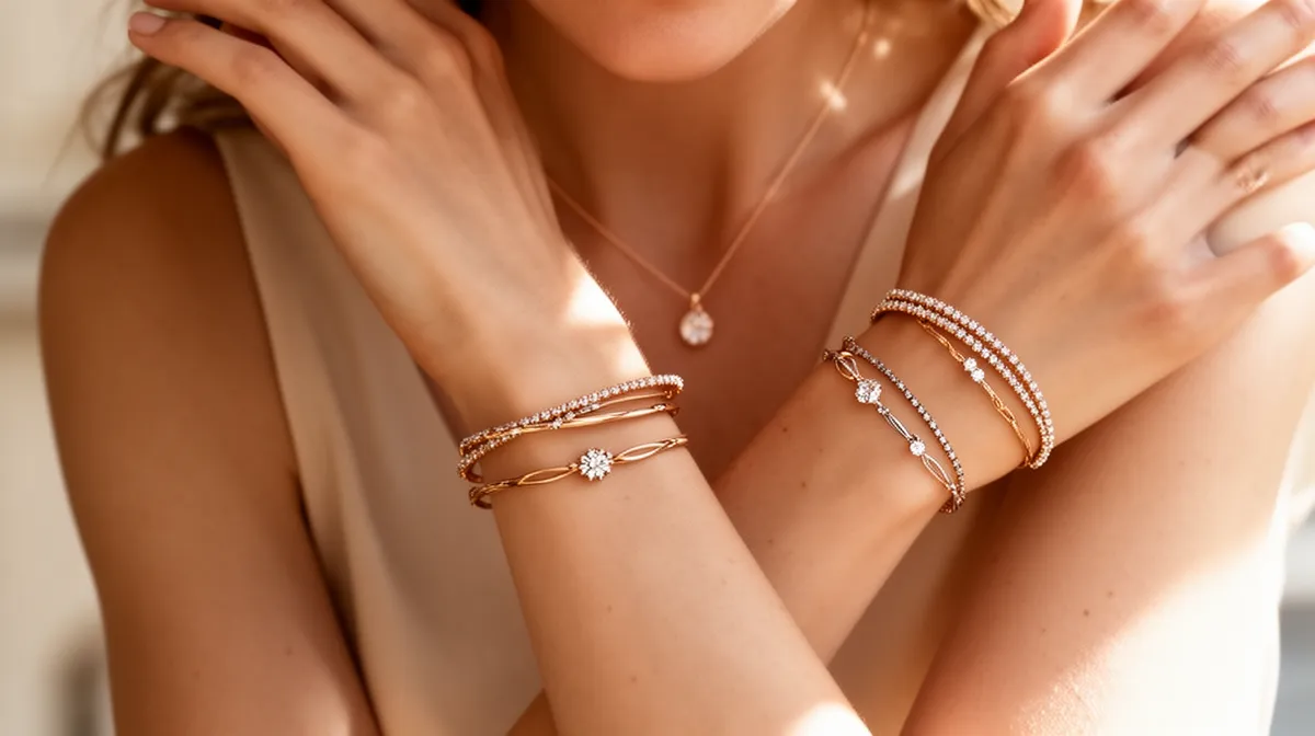Bijoux dorés, bracelets, collier, mains féminines.
