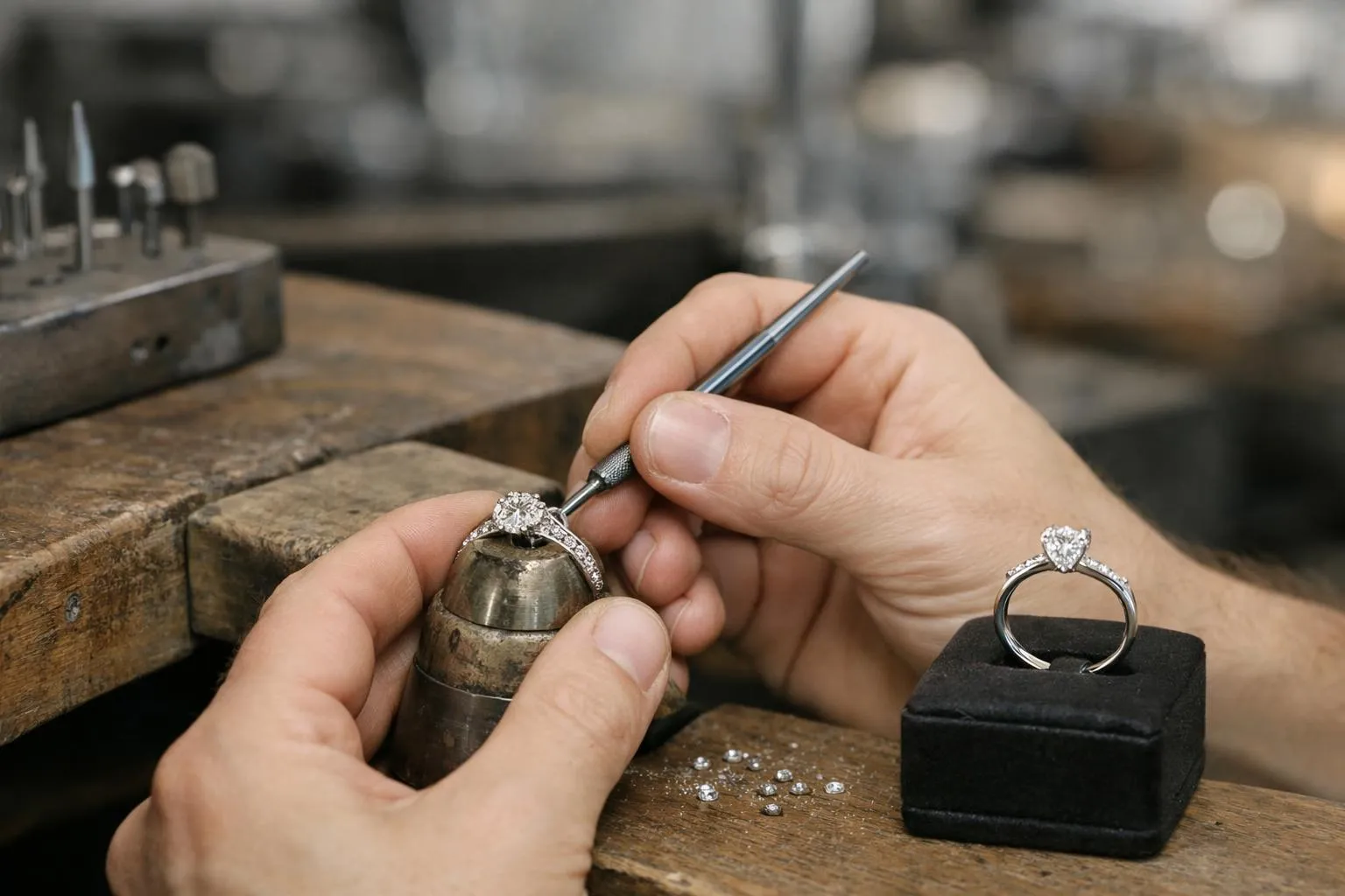 Bijoutier travaillant sur un anneau de fiançailles en diamant.