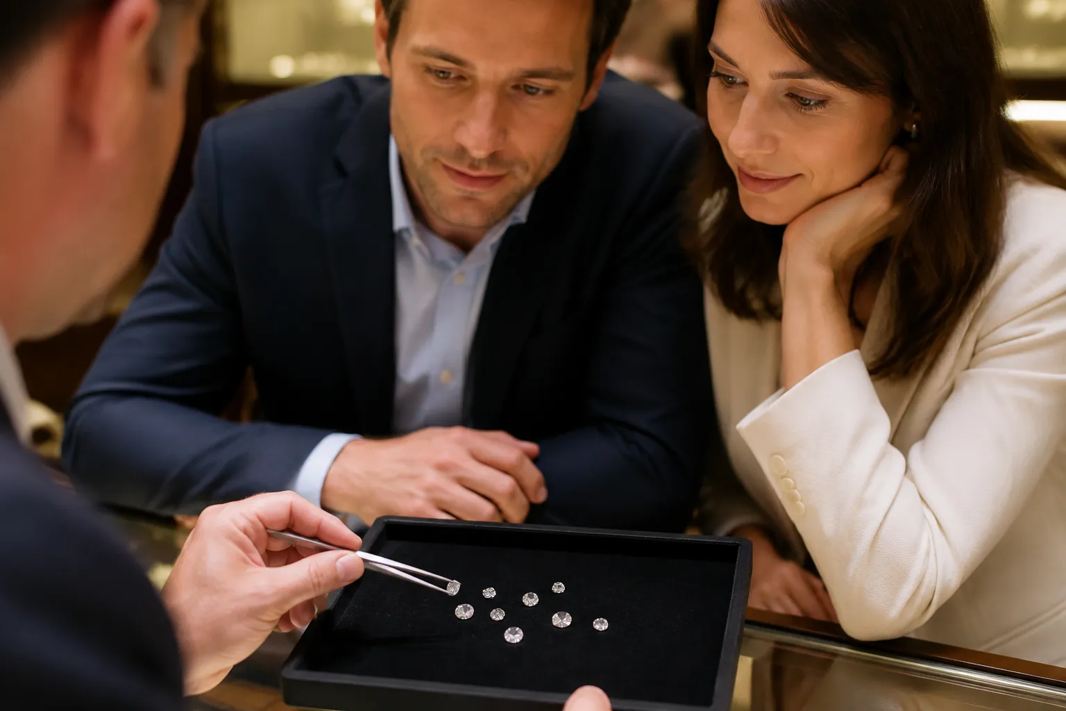 Couple en costume examinant des diamants dans une boîte.