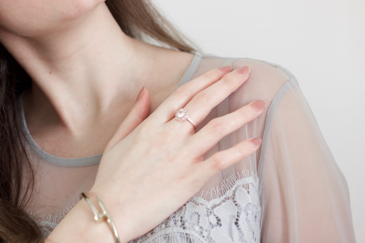 Gros plan sur une main féminine portant une bague de fiançailles.