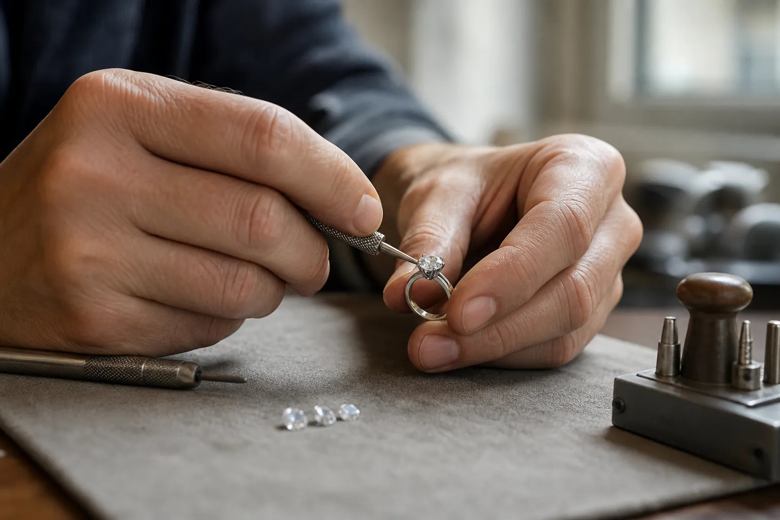Personne réparant une bague de fiançailles avec des outils.
