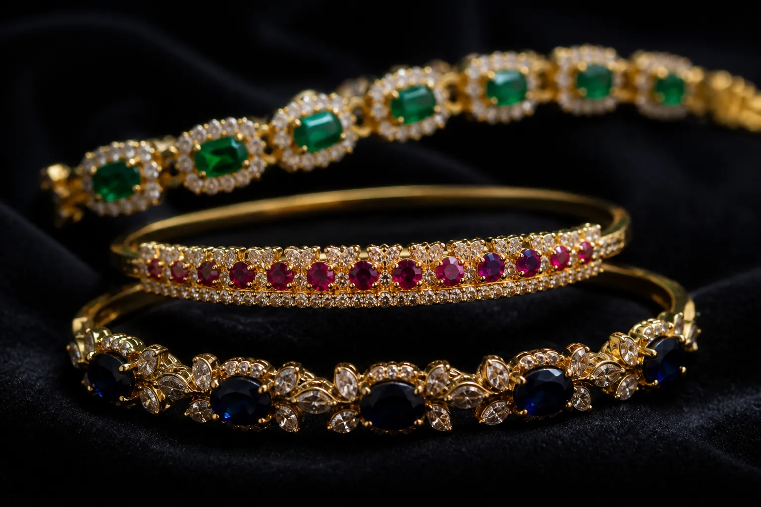 Bracelets dorés ornés de pierres précieuses vertes et rouges.