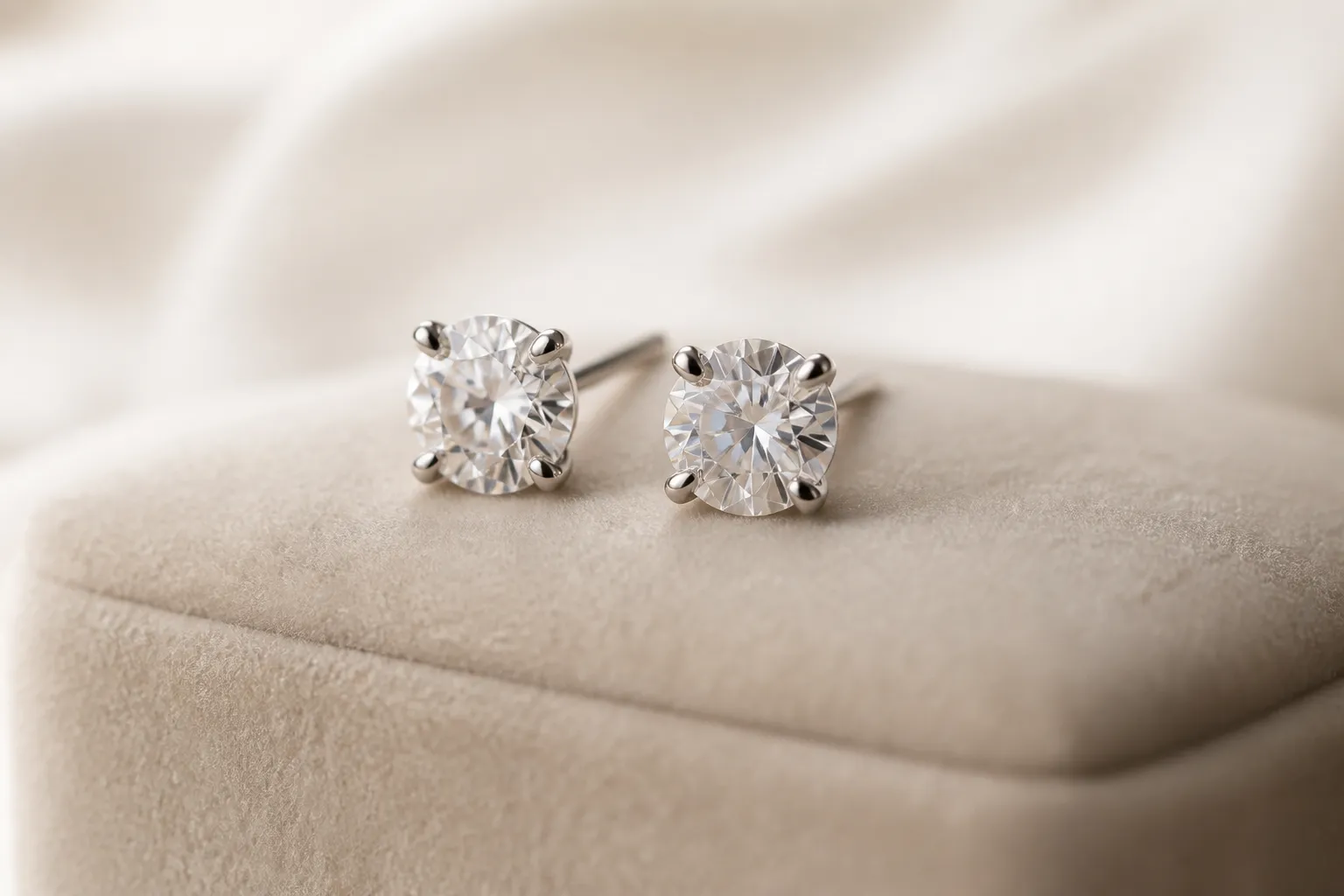 Boucles d'oreilles en diamants sur un fond beige.