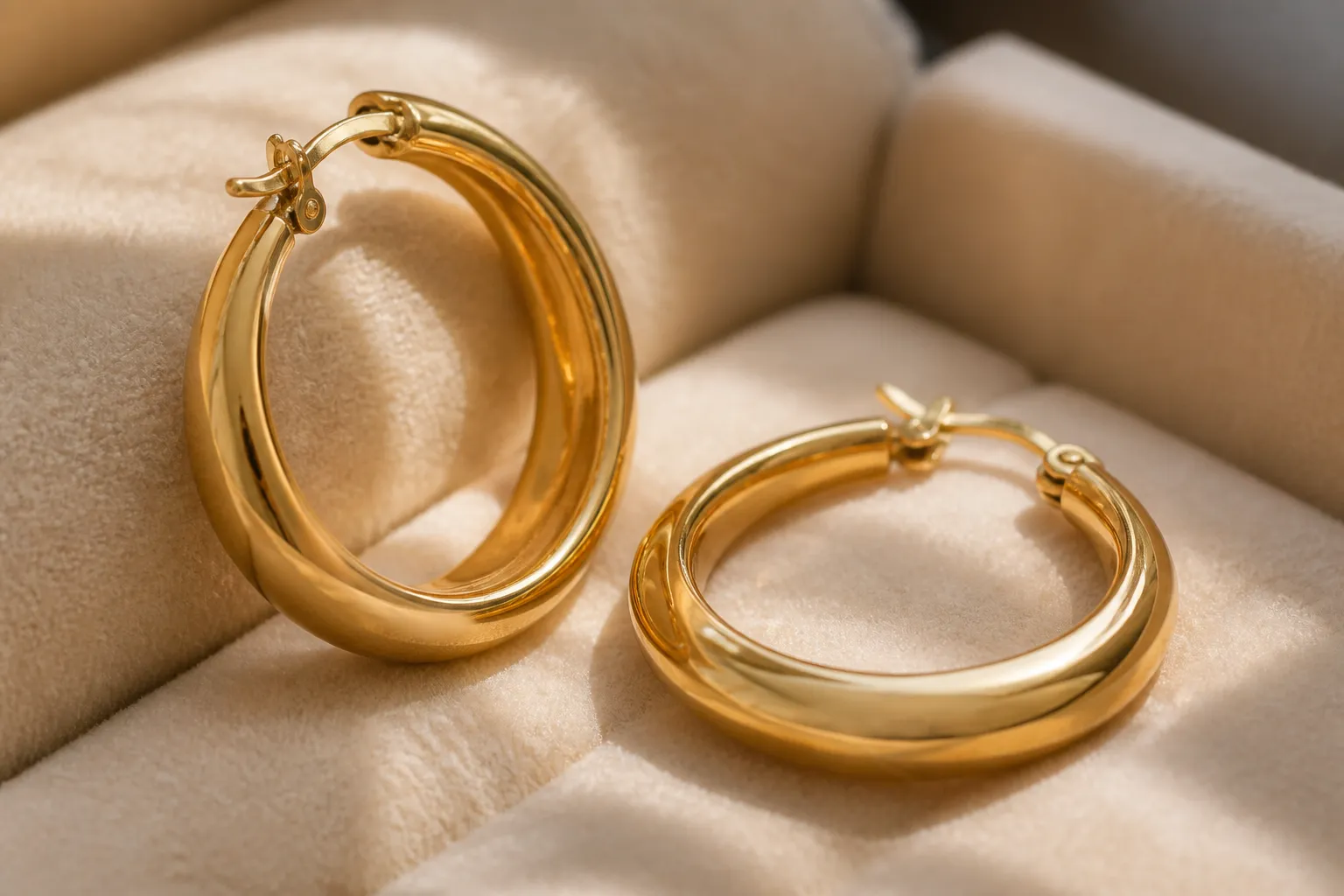 Boucles d'oreilles en or massif sur un fond doux et texturé.