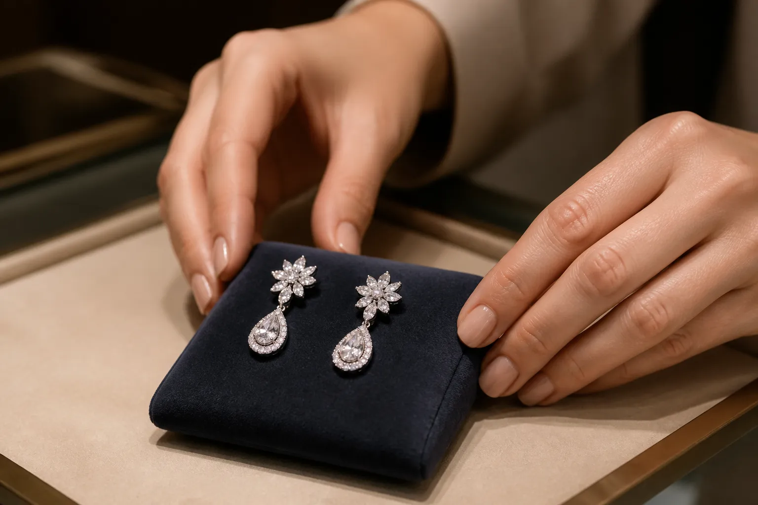 Boucles d'oreilles en diamants sur un écrin bleu foncé.