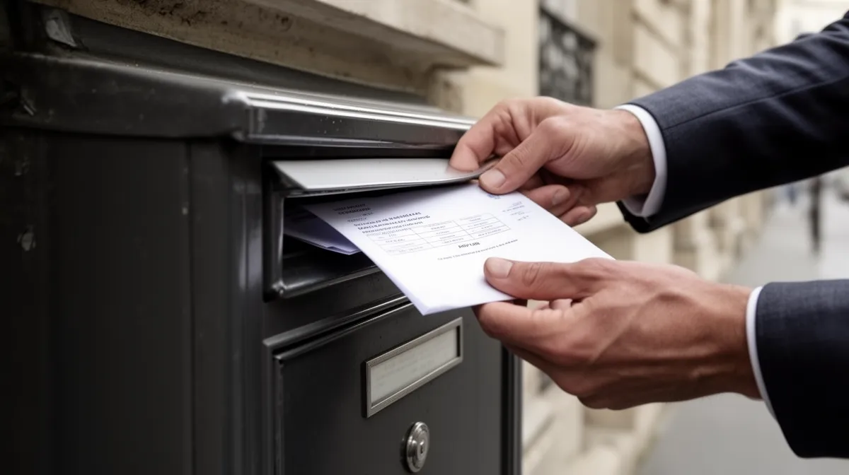 Homme en costume postant une lettre dans une boîte aux lettres.