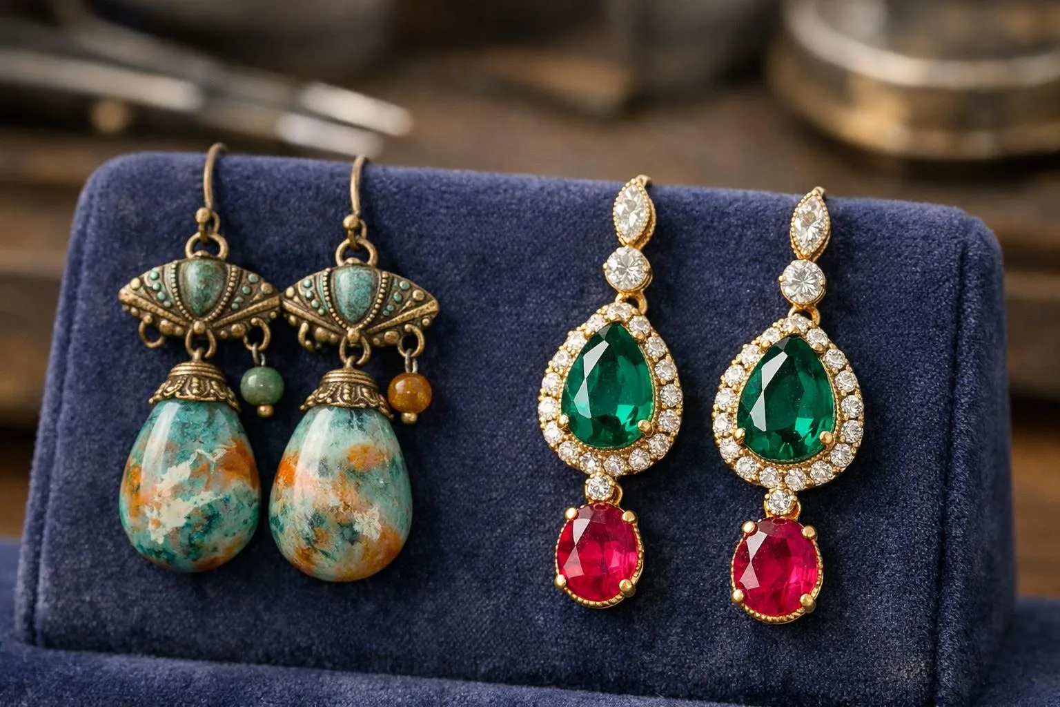 Boucles d'oreilles en or avec pierres précieuses vertes et rouges.