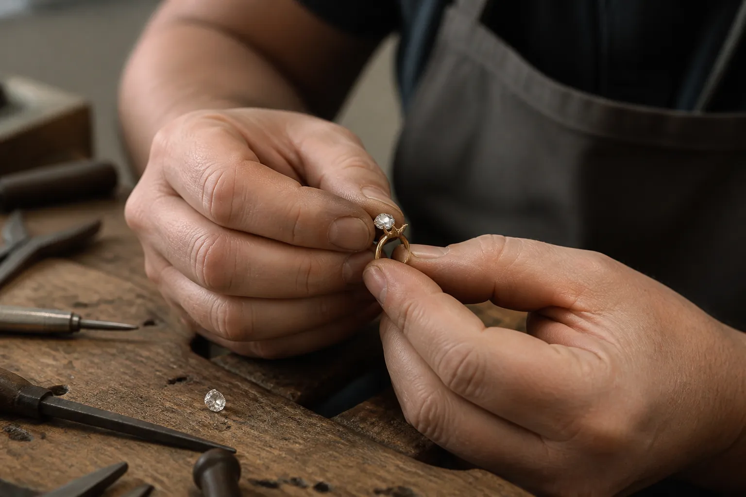 Mains d'artisan joaillier travaillant sur une bague en or avec diamants.