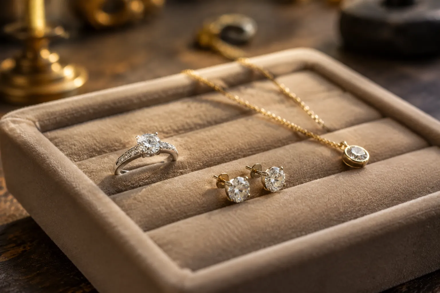 Bague de fiançailles et boucles d'oreilles en or avec diamants.