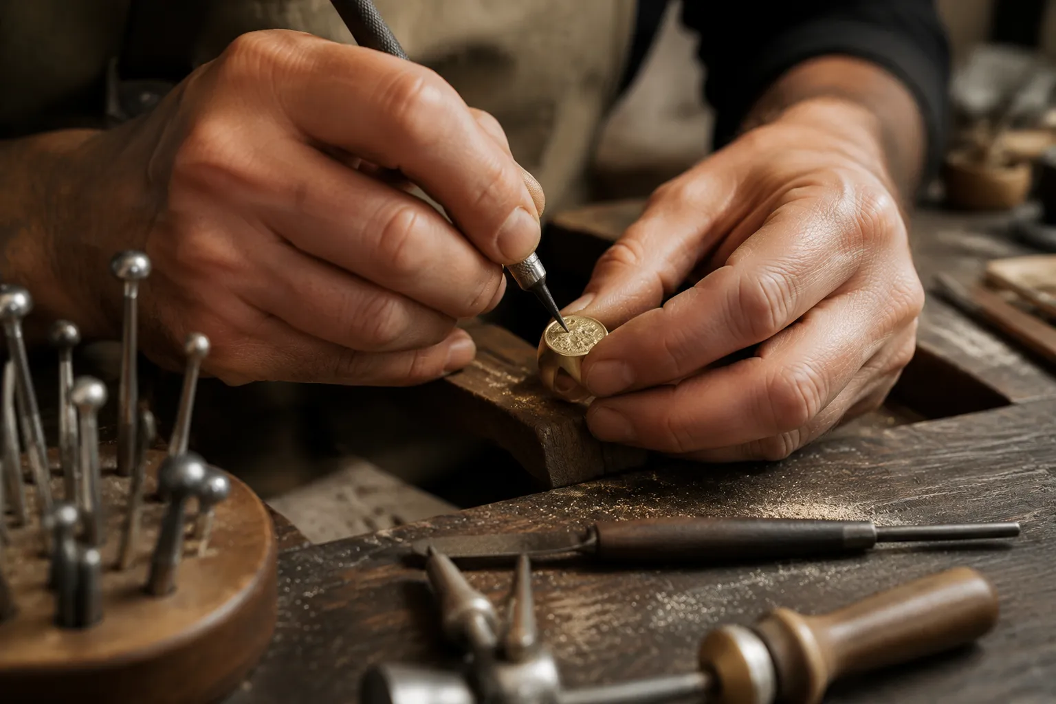 Mains d'artisan travaillant sur un bijou en métal avec des outils.