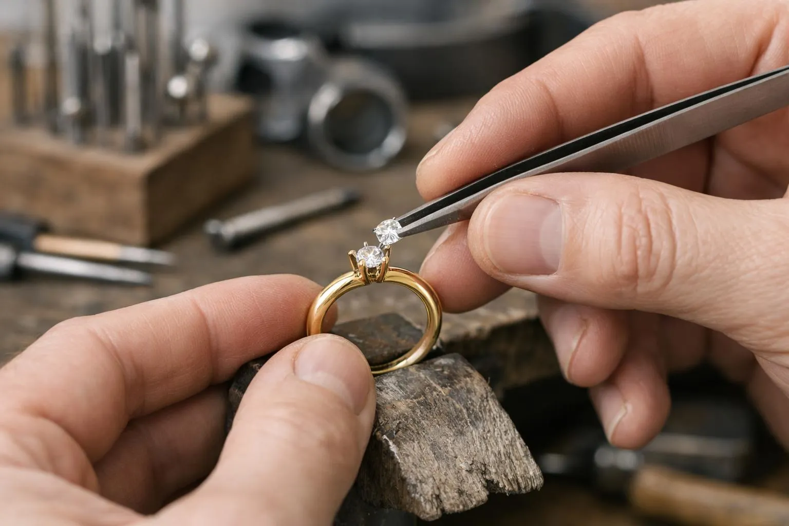 Mains d'un bijoutier examinant une bague de fiançailles en or avec des diamants.