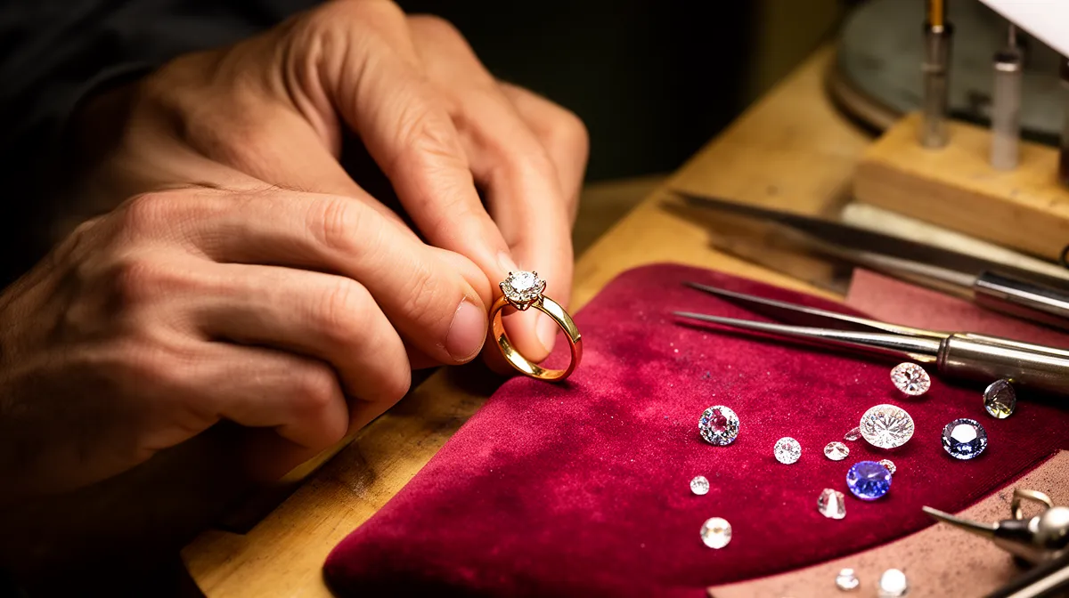 Bague de fiançailles en or avec un diamant central sur un fond rouge.