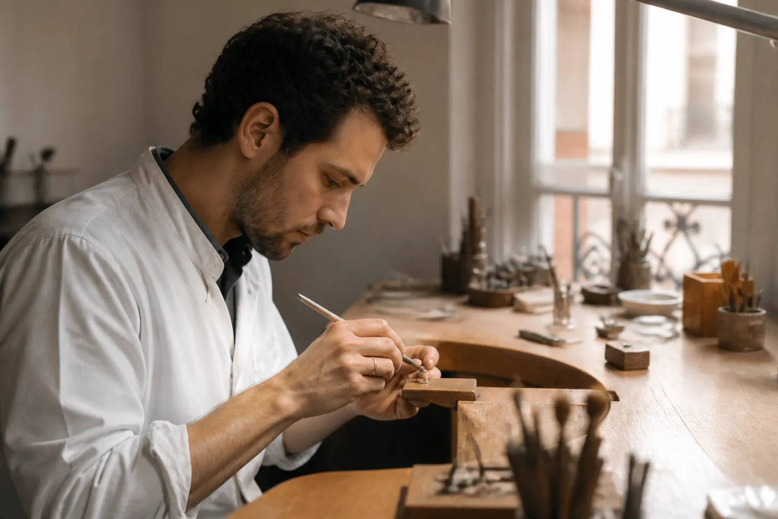 Homme concentré travaillant sur un projet de menuiserie dans son atelier.