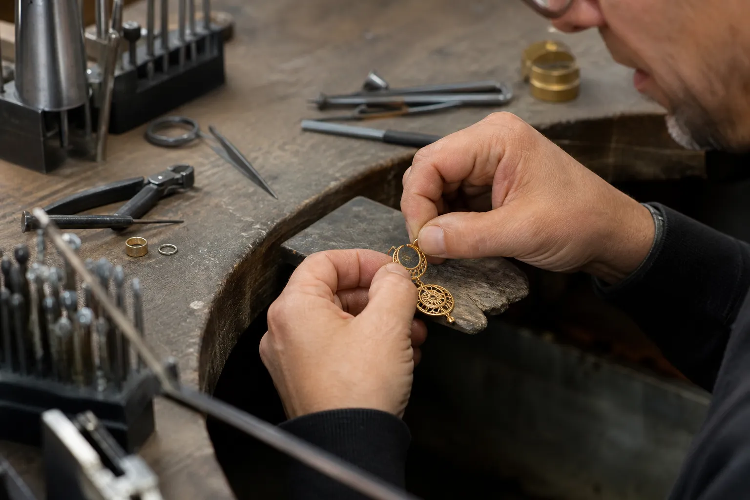 Mains d'un artisan bijoutier travaillant sur un bracelet en métal doré.