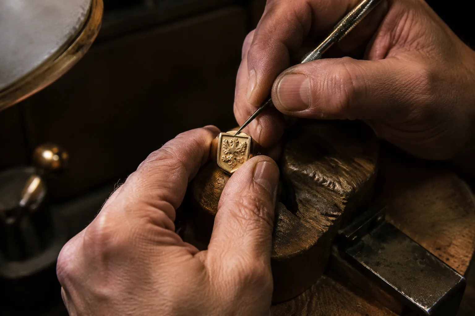 Mains d'artisan gravant un motif sur un objet en métal.