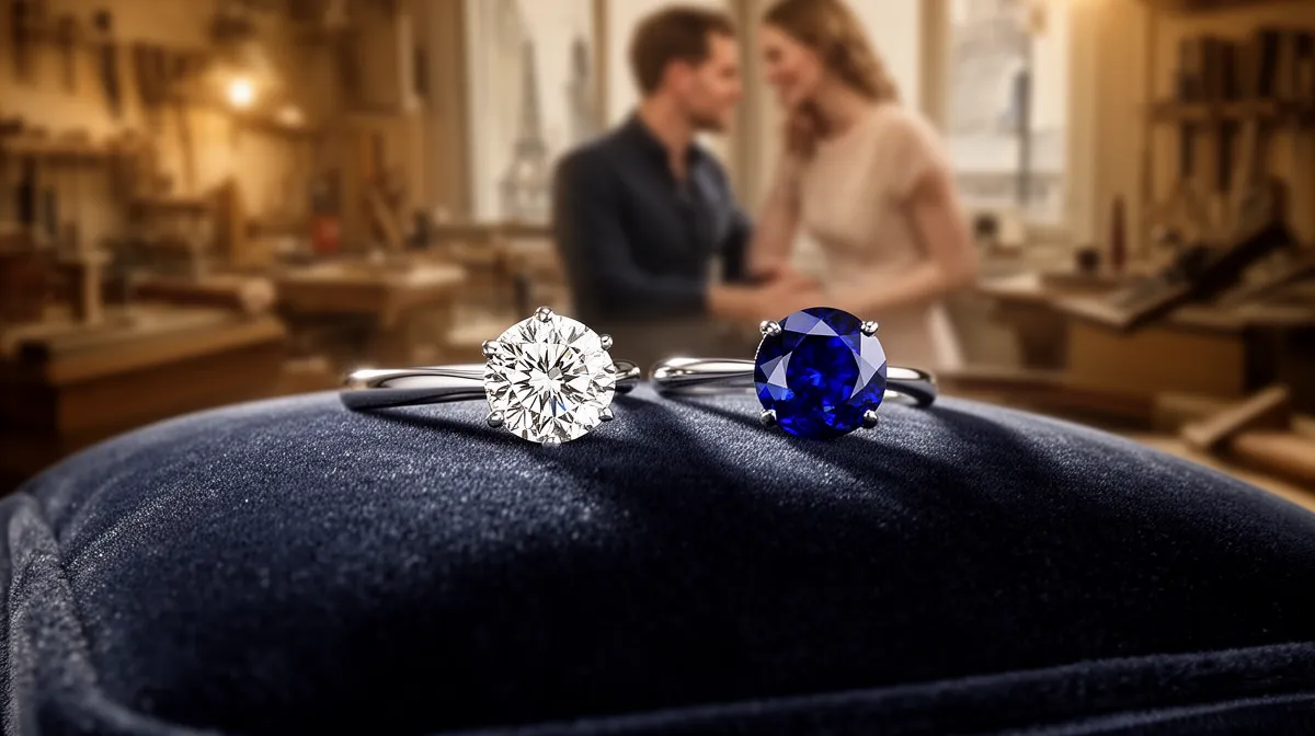 Bagues de fiançailles avec diamant et saphir, couple en arrière-plan.