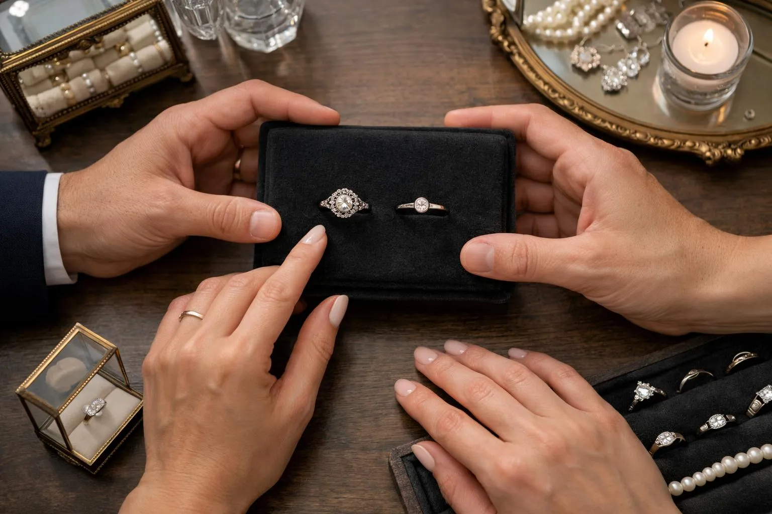 Bagues de fiançailles en diamants sur un bureau élégant.