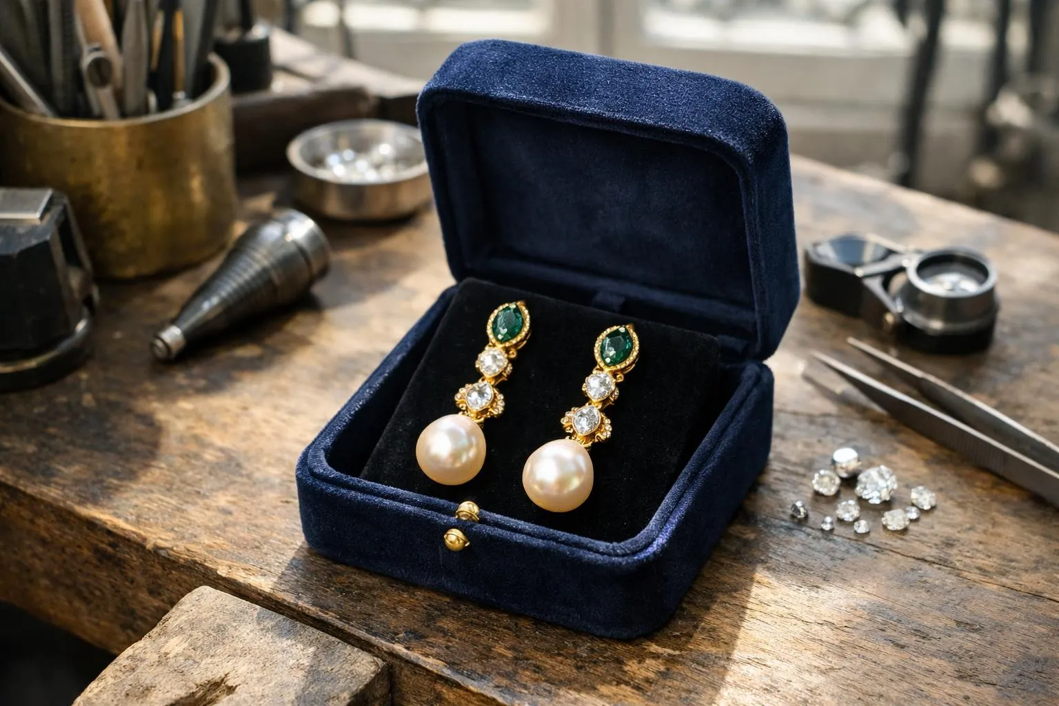 Boucles d'oreilles en or avec perles et pierres précieuses dans un écrin bleu.