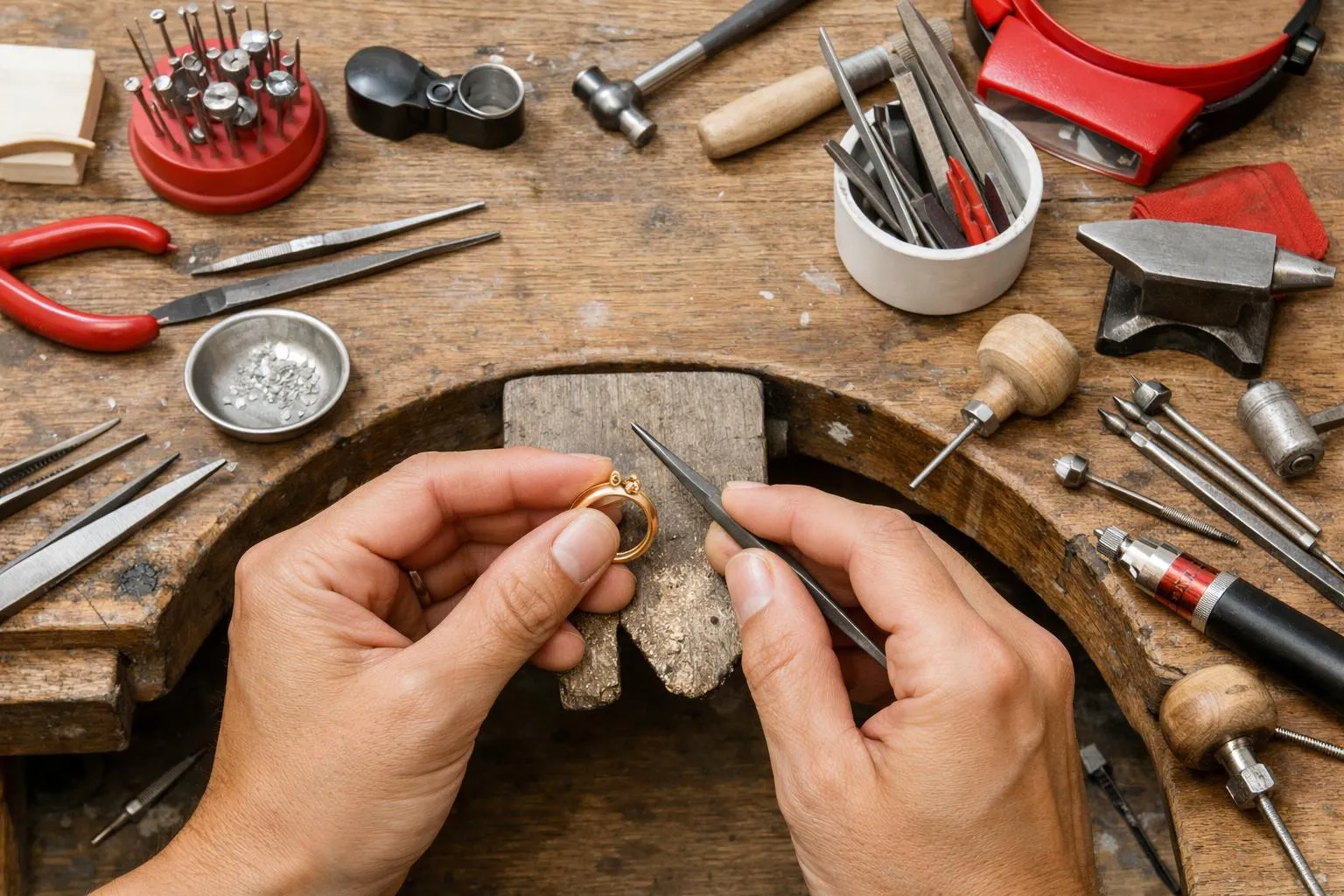 Outils de joaillerie sur un établi en bois avec des mains travaillant sur un bijou.