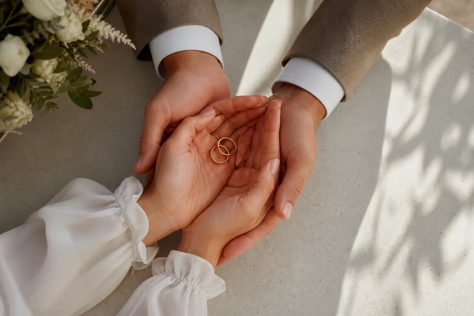 Mains tenant des alliances de mariage sur fond floral.