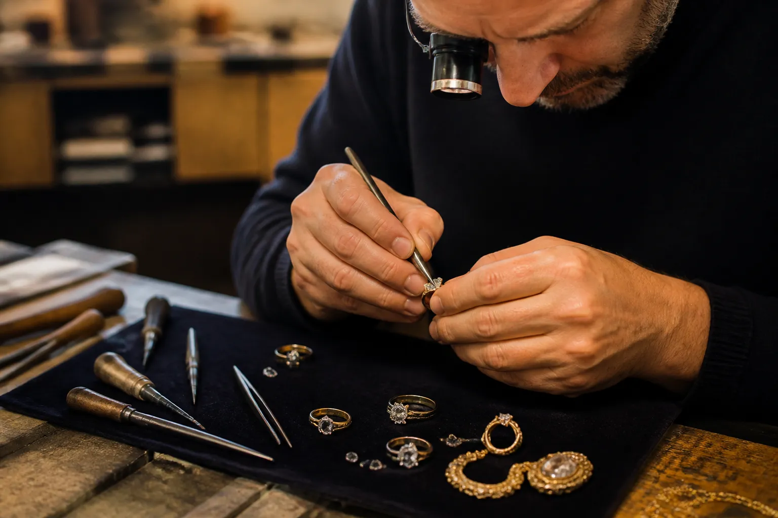 Artisan bijoutier réparant des bijoux sur un établi.