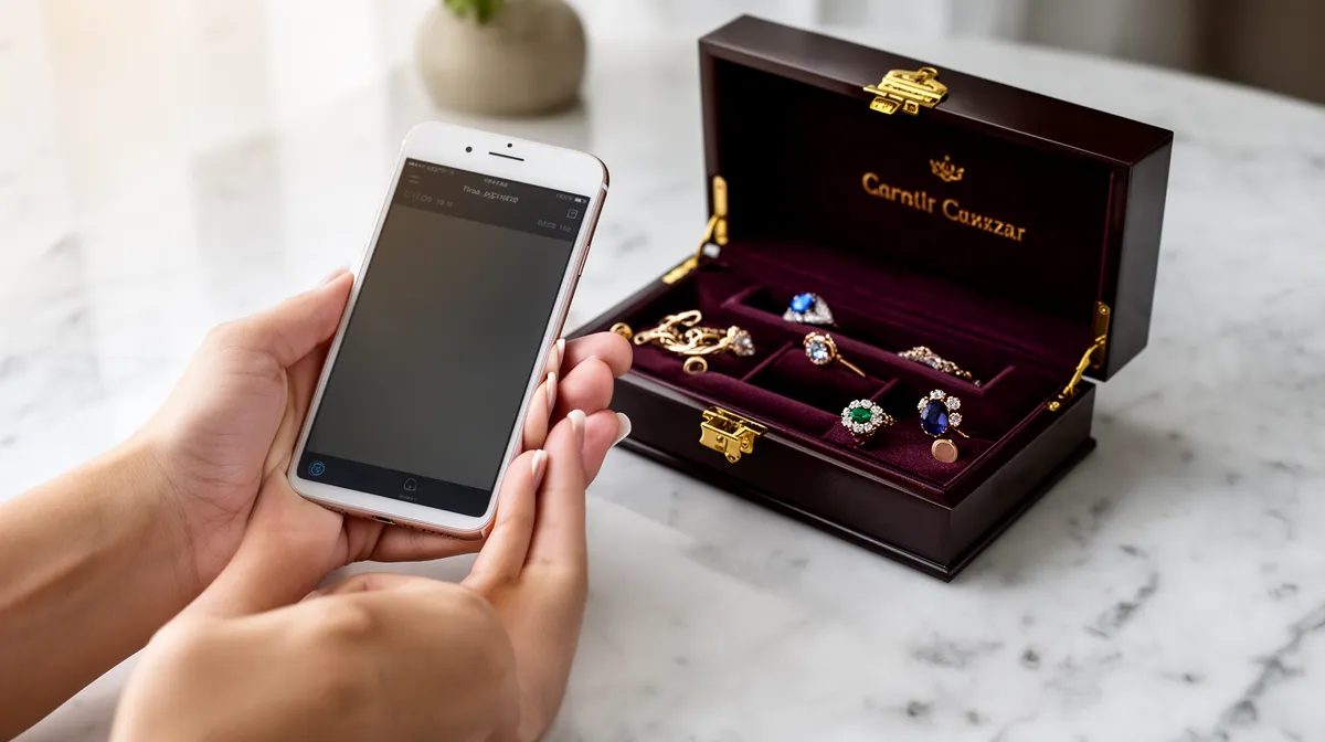 Boîte de bijoux en velours avec téléphone portable à proximité.