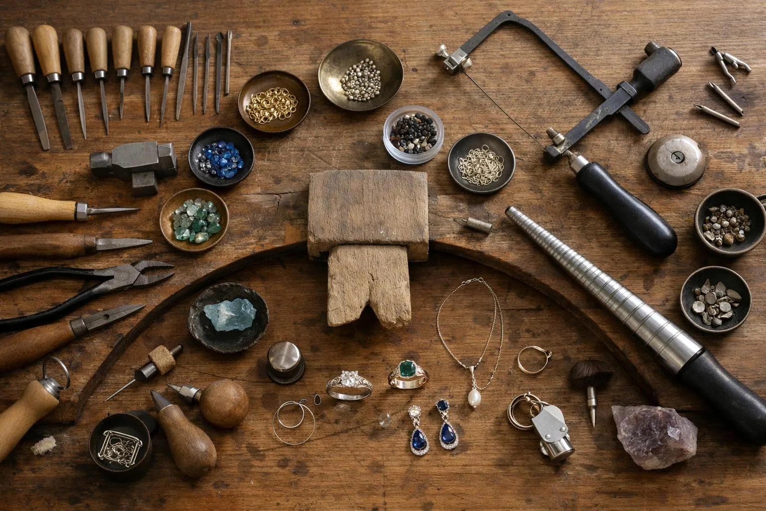 Outils et accessoires de joaillerie sur une surface en bois.