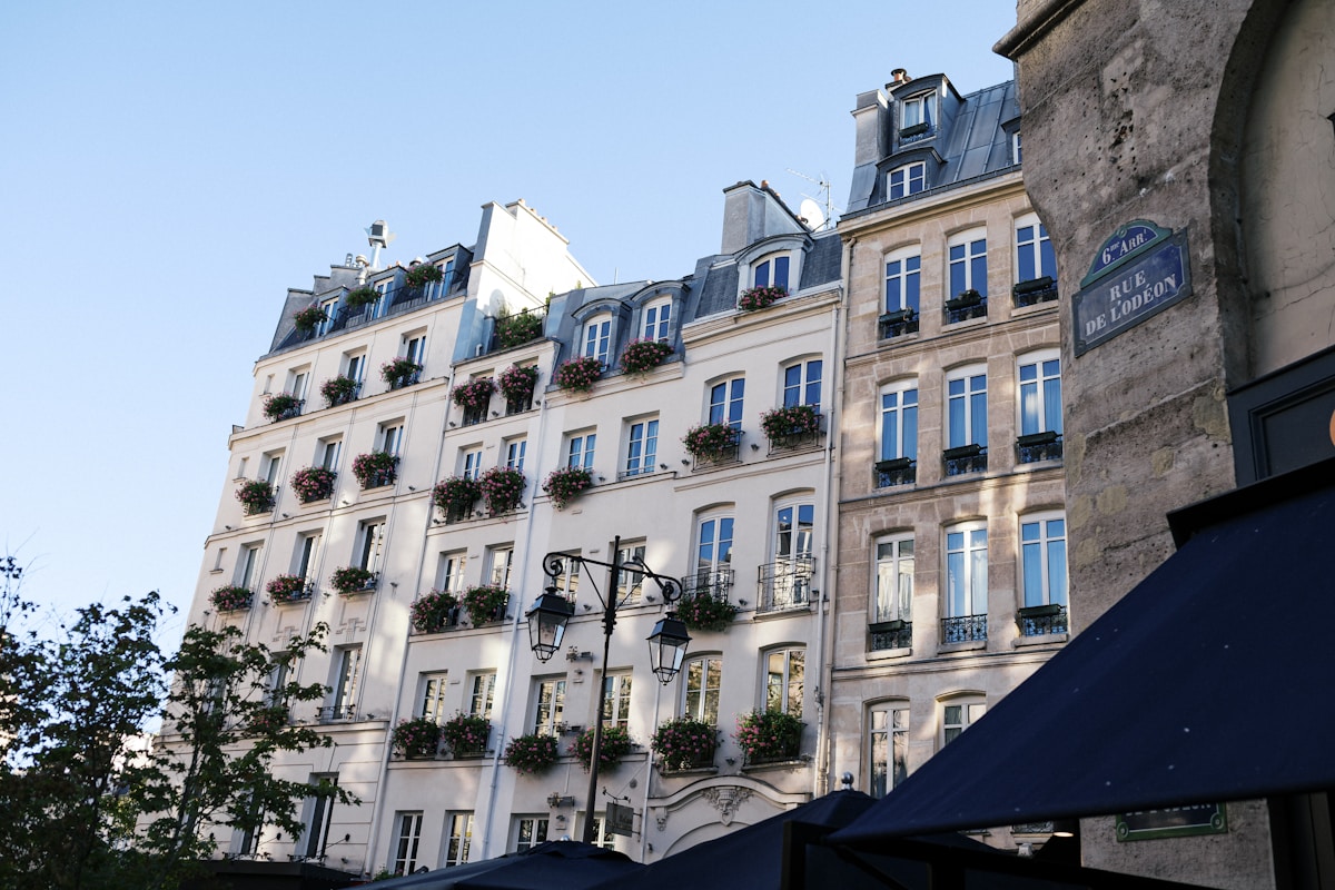Bâtiments parisiens avec balcons fleuris, lampadaires et ciel bleu.
