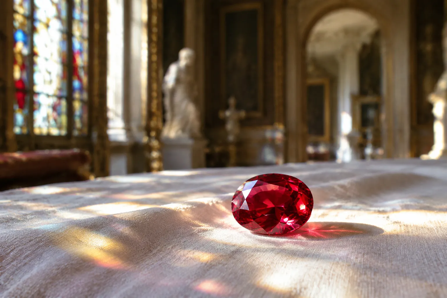 Diamant rouge rubis rare exposé dans une galerie parisienne luxueuse, mise au point photoréaliste.