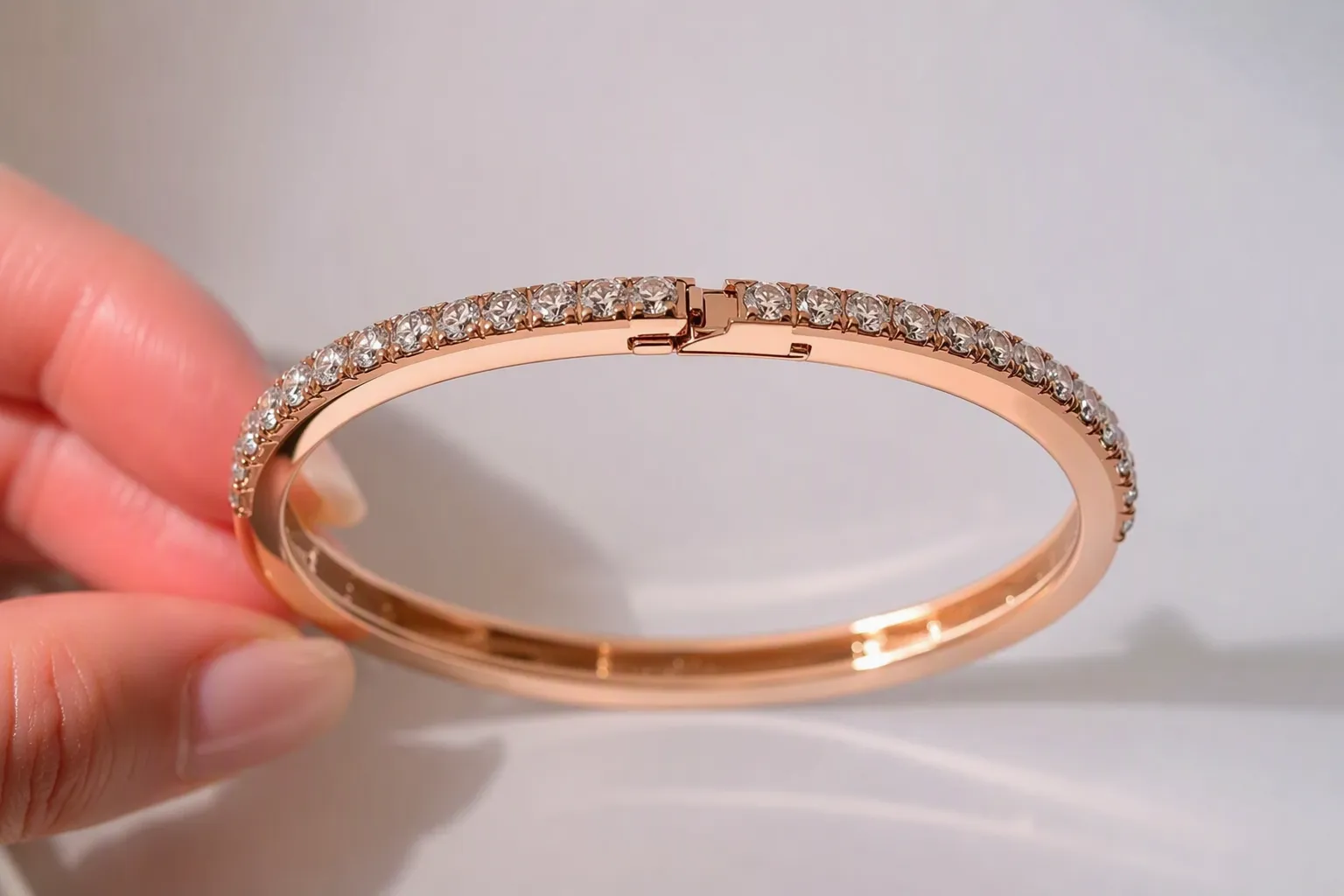 Bracelet en or rose à serti de diamants, fermeture automatique, détail rapproché.