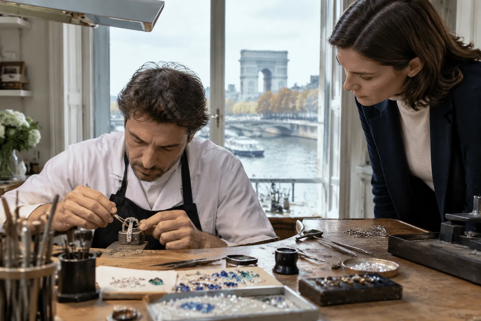 Artisan Vangelder crée un bijou sur-mesure en atelier parisien, client observant le travail.