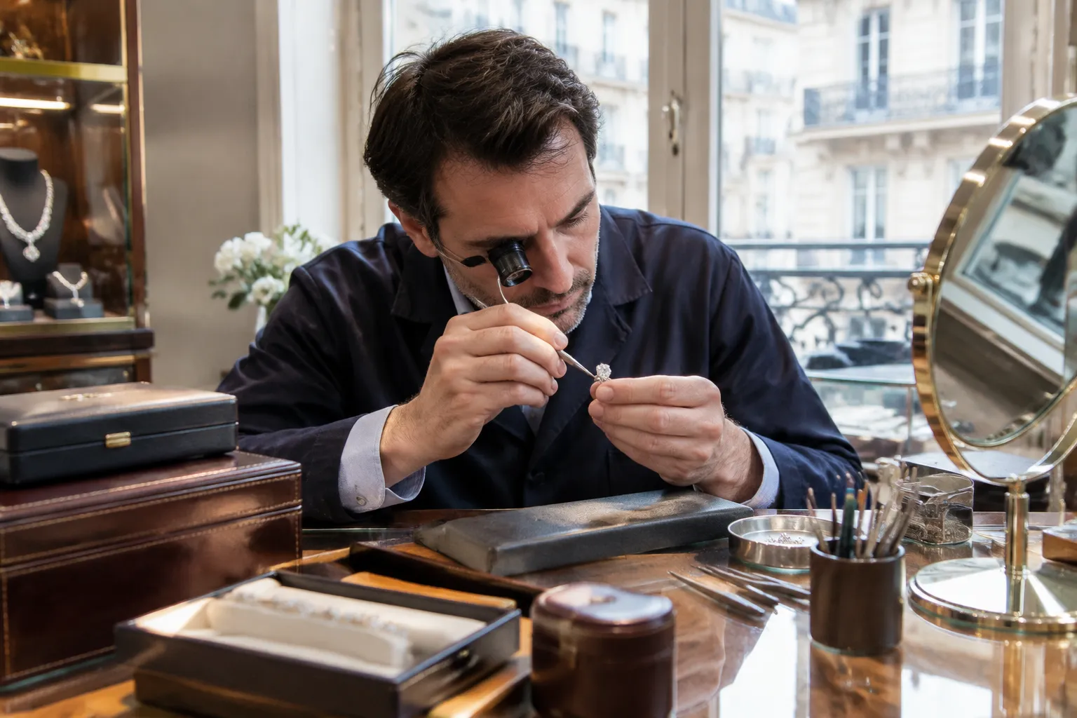 Bijoutier artisanal Paris 8ème façonnant un diamant dans son atelier parisien.