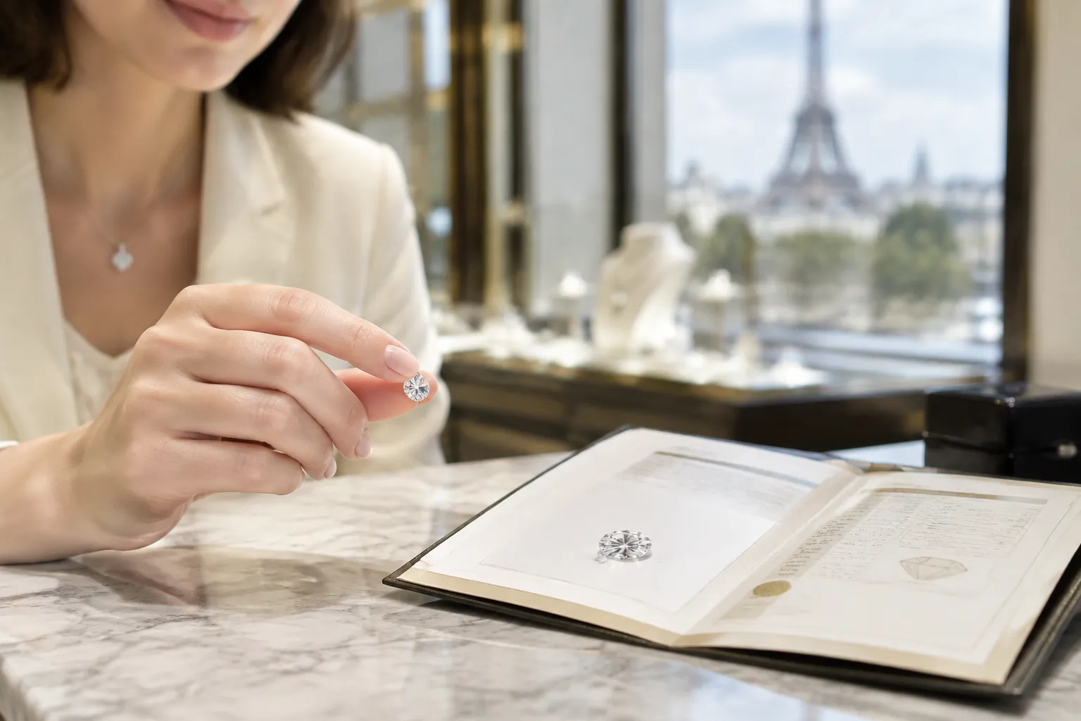 Diamant GIA certifié posé sur un bureau en marbre, certificat GIA à côté, éclairage professionnel.