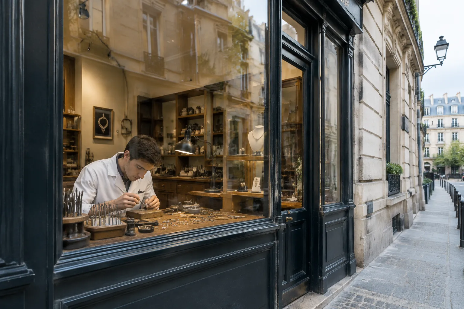Jeune joaillier concentré devant son établi, entouré d’outils en argent et de pierres précieuses, atelier parisien historique