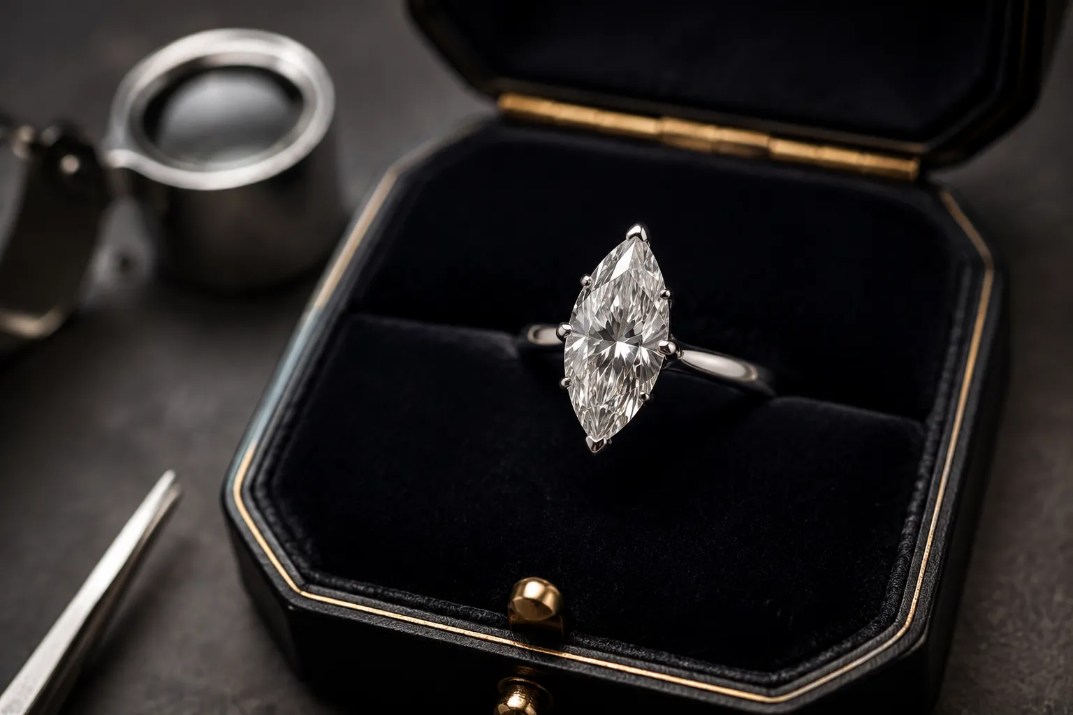Bague de fiançailles avec un diamant taille marquise dans un écrin noir.