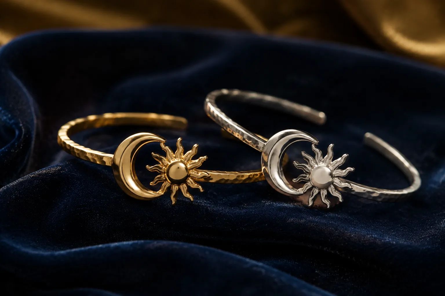 Bracelets dorés et argentés avec motifs solaires et lunaires.